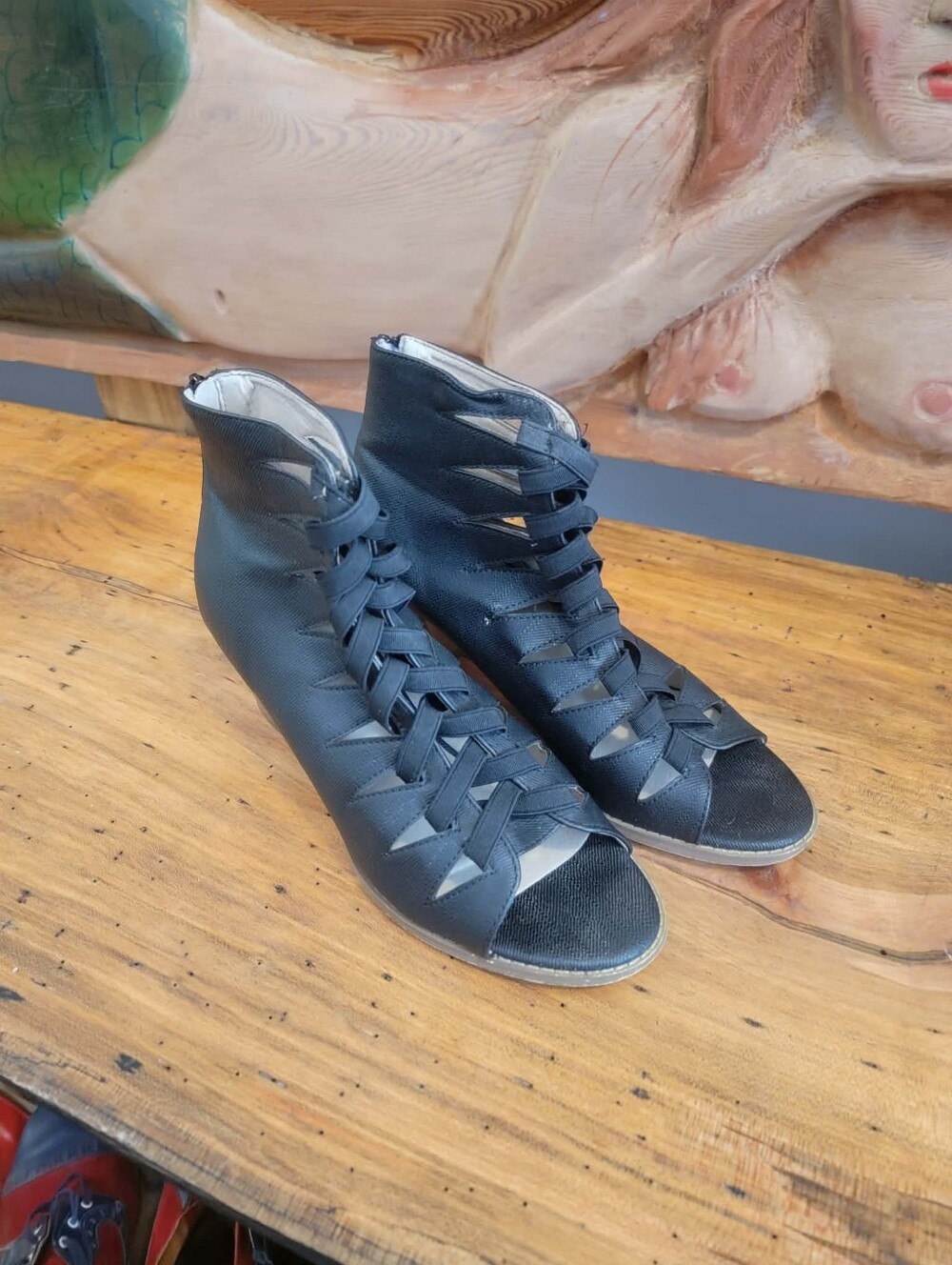 Avanti Size 9 Cut Out/Lace-Up Black Faux Leather Peep Toe Bootie 2.5" Block Heel